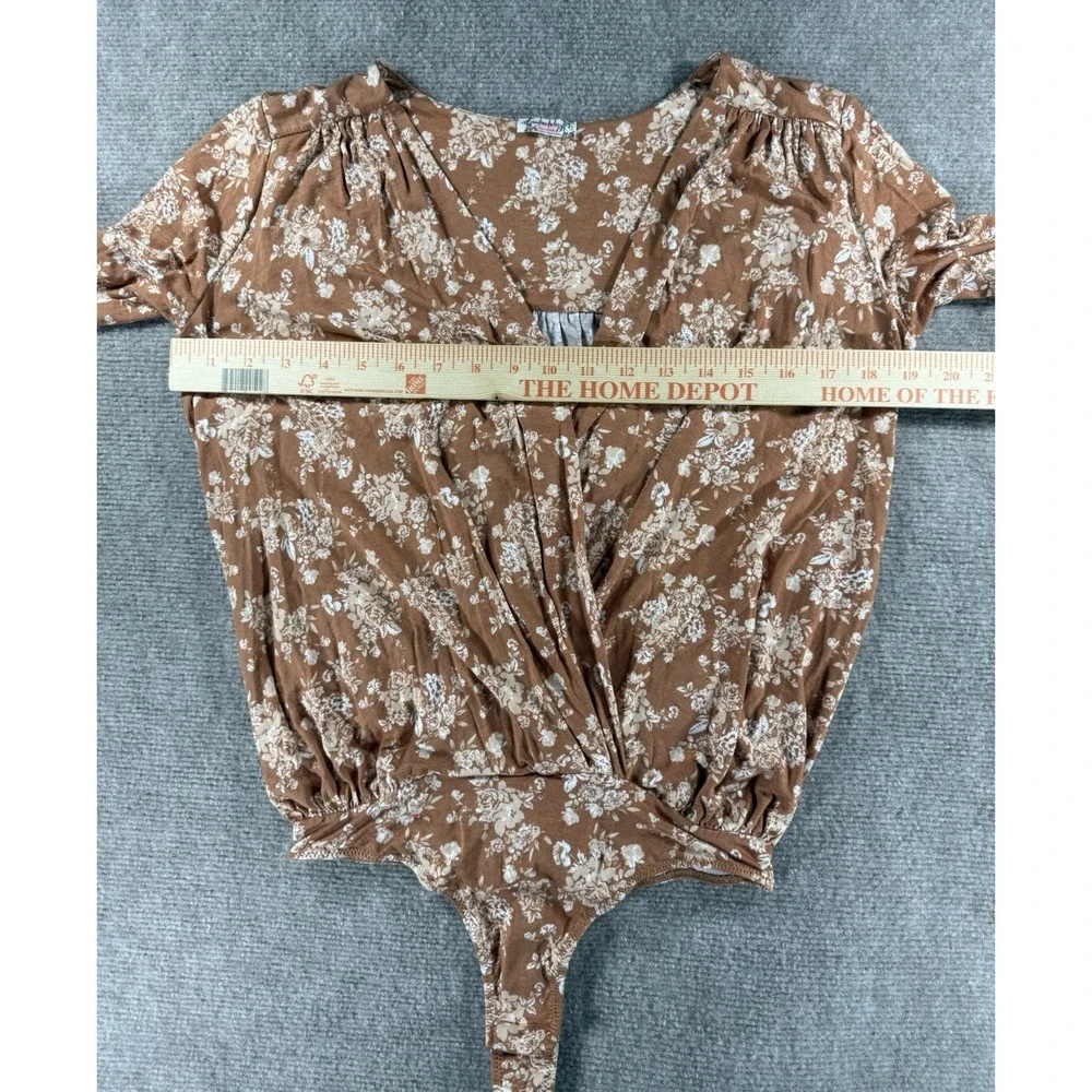 Free People Floral Surplice Wrap Long Sleeve Brown Bodysuit Top‎ Women S